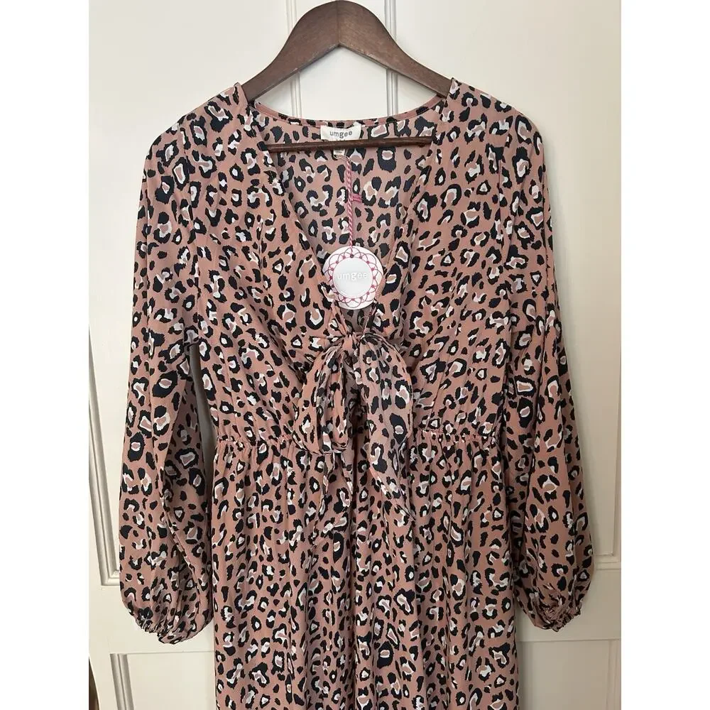 Umgee Animal Print Tie Front Hi Low Midi Dress Womens Size Small Brown NWT
